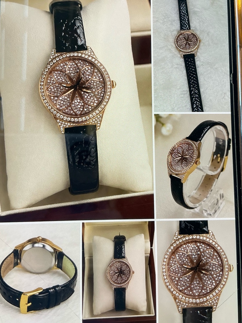 Badgley Mischka Rose Gold Crystal Flower Dial Watch with Black Strap